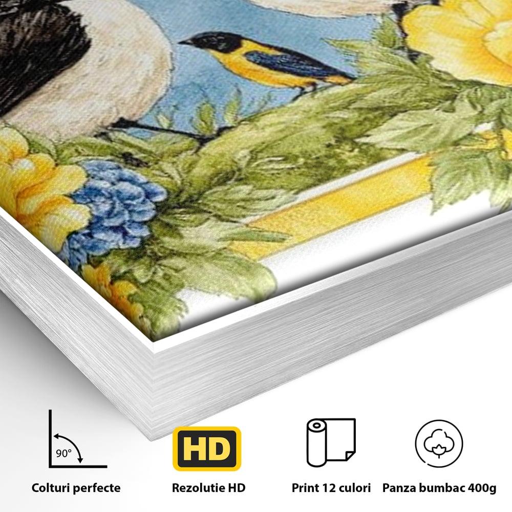 Detaliu al suprafetei: tablou canvas cu pasari si flori, in rama de aluminiu argintiu